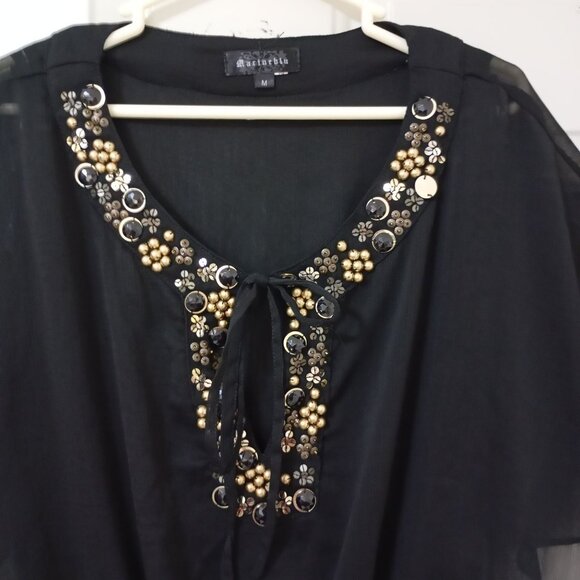 Marineblu Blouse Tunic Preppy Bohemia Black Chiffon Embellished Size M Womens - Picture 4 of 7